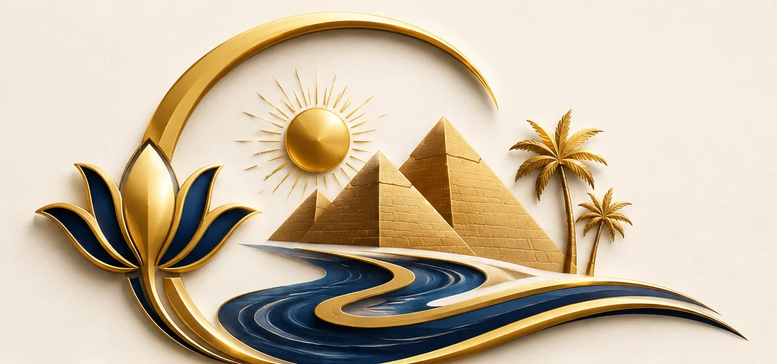 The Nile Gold emblem in embossed gold: the sun over the pyramids, palm trees and the winding Nile