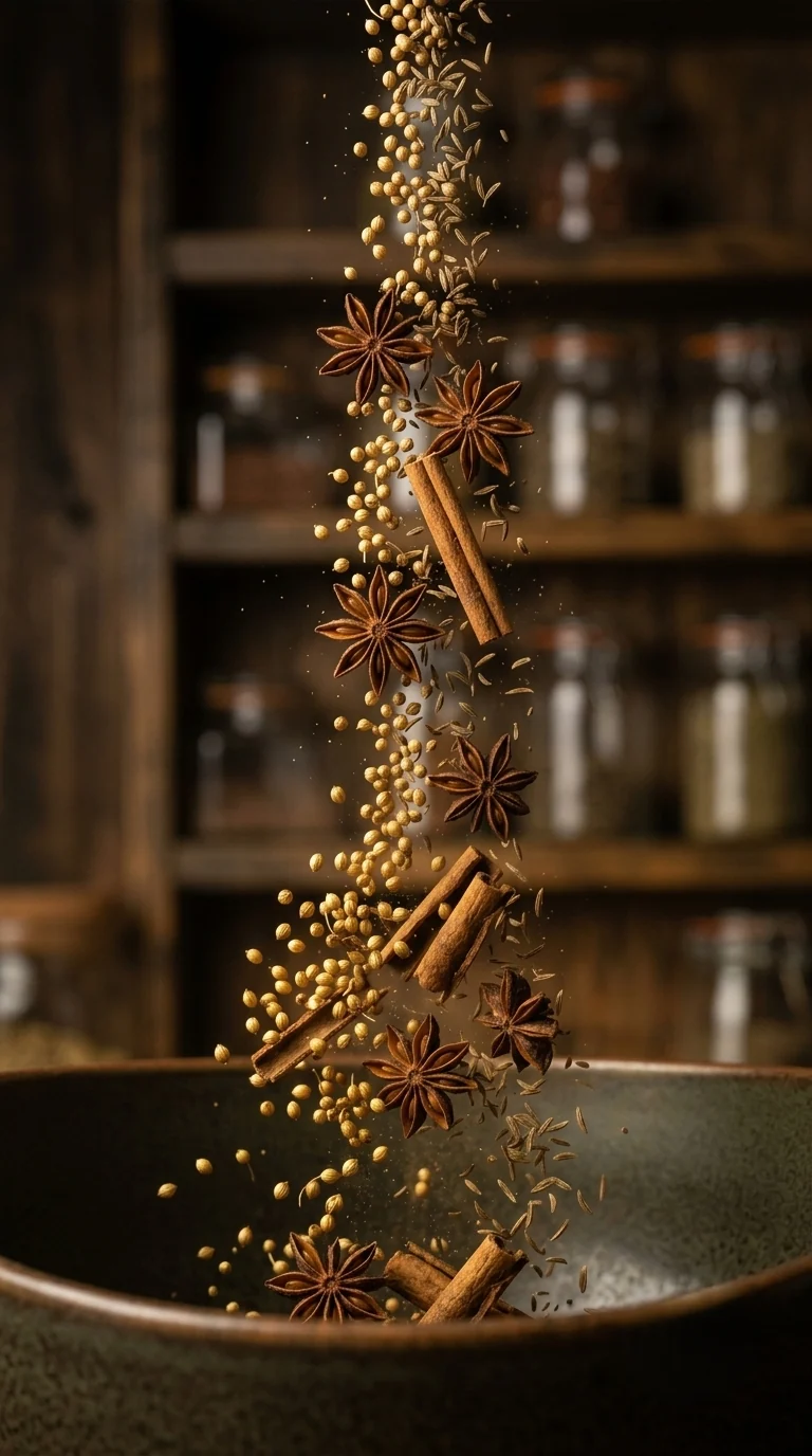 Star anise, cinnamon and seeds falling into a dark bowl, with spice jars on shelves behind